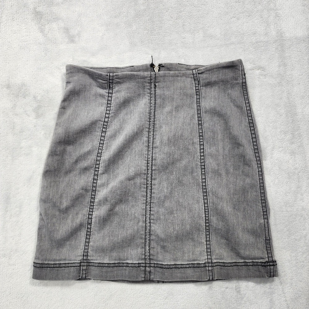 Free People Skirt Womens S Washed Gray Denim Pencil Mini Zip Back Stretch Casual